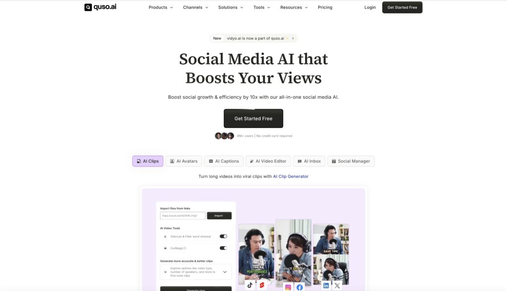 Quso.ai homepage screenshot, showcasing AI video content repurposing and enhanced video content distribution.